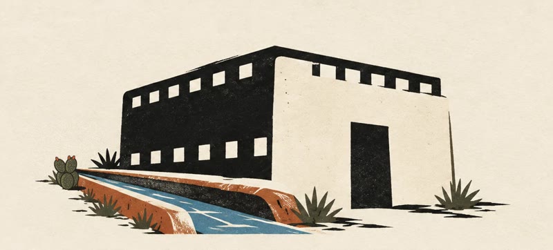 Acequia Lateral logo: an adobe building with film-strip windows beside an acequia